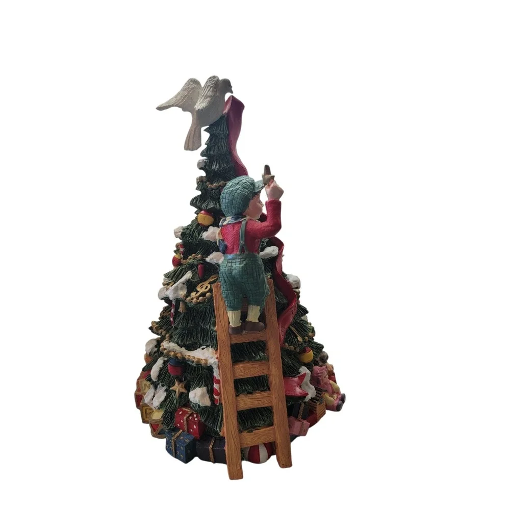 Musical Christmas Tree Figurine Boy on Ladder Joy to the World Green ReExcellent